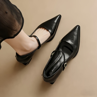 春季法式尖头单鞋女粗跟一字扣带女鞋浅口高跟鞋气质银色玛丽珍鞋