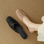 编织穆勒鞋 巨舒服草编方头凉鞋 法式 细跟高跟包头半拖鞋 女外穿夏款