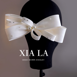 夏拉新款手工气质浅香槟钉珠精致蝴蝶结新娘头饰婚纱韩式发夹配饰