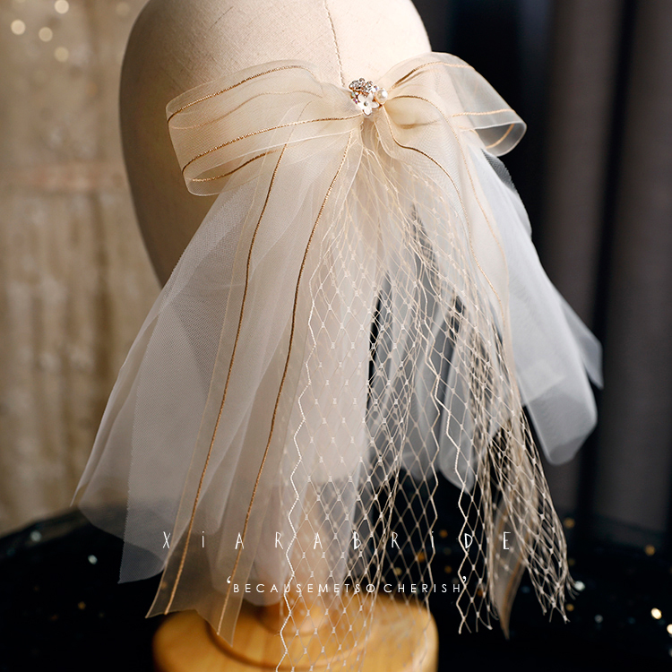 原创香槟色蝴蝶结头饰新娘短头纱结婚礼服配饰影楼摄影跟妆造型