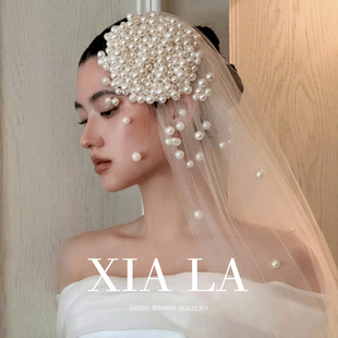 夏拉珍珠头纱新娘婚纱礼服头饰结婚饰品旅拍写真拍照道具珍珠头饰