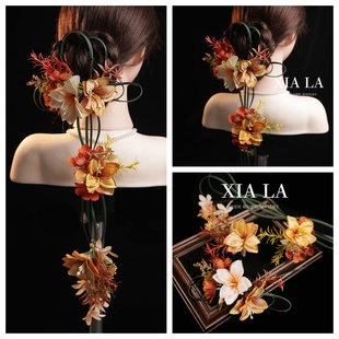 夏拉原创手工花朵头饰套装礼服头饰中式晚宴敬酒服饰品