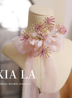 夏拉粉色蝴蝶结仙气花朵蕾丝项链颈链晚宴礼服配饰新娘跟妆饰品