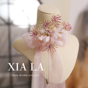 夏拉粉色蝴蝶结仙气花朵蕾丝项链颈链晚宴礼服配饰新娘跟妆饰品