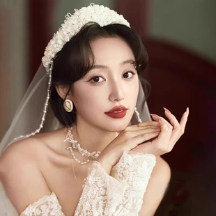 法式复古珍珠花朵头饰新娘婚纱礼服配饰高级感头纱发饰