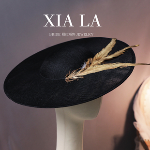 饰帽子 晚宴礼服帽子边拍照度假风万圣节装 夏拉法式 大帽檐黑色时尚