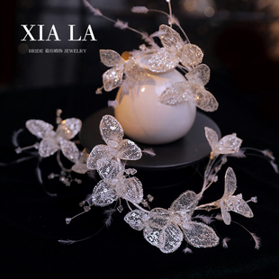 夏拉新款 仙气透明亮片纱花瓣新娘头饰耳挂婚纱跟妆精致发饰品套装