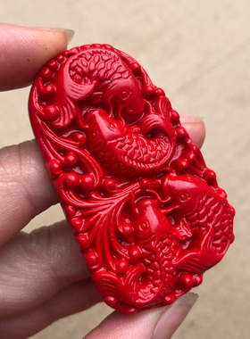 连年有余吊坠4条鱼天然朱砂红四季有余鱼玉挂件缺水补水龙门顺利