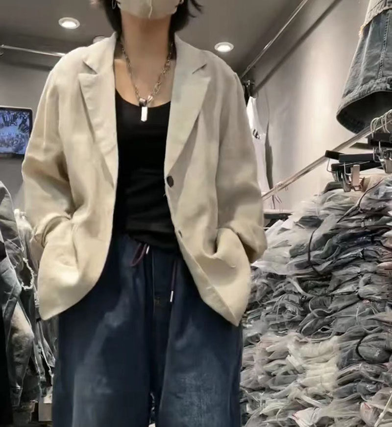亚麻外套女装斯琴风格文艺复古风大码宽松两粒扣双口袋休闲西装