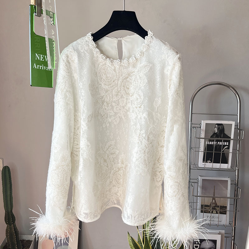 欧洲站2025年秋季设计感蕾丝金线刺绣圆领袖口羽毛法式内搭上衣女