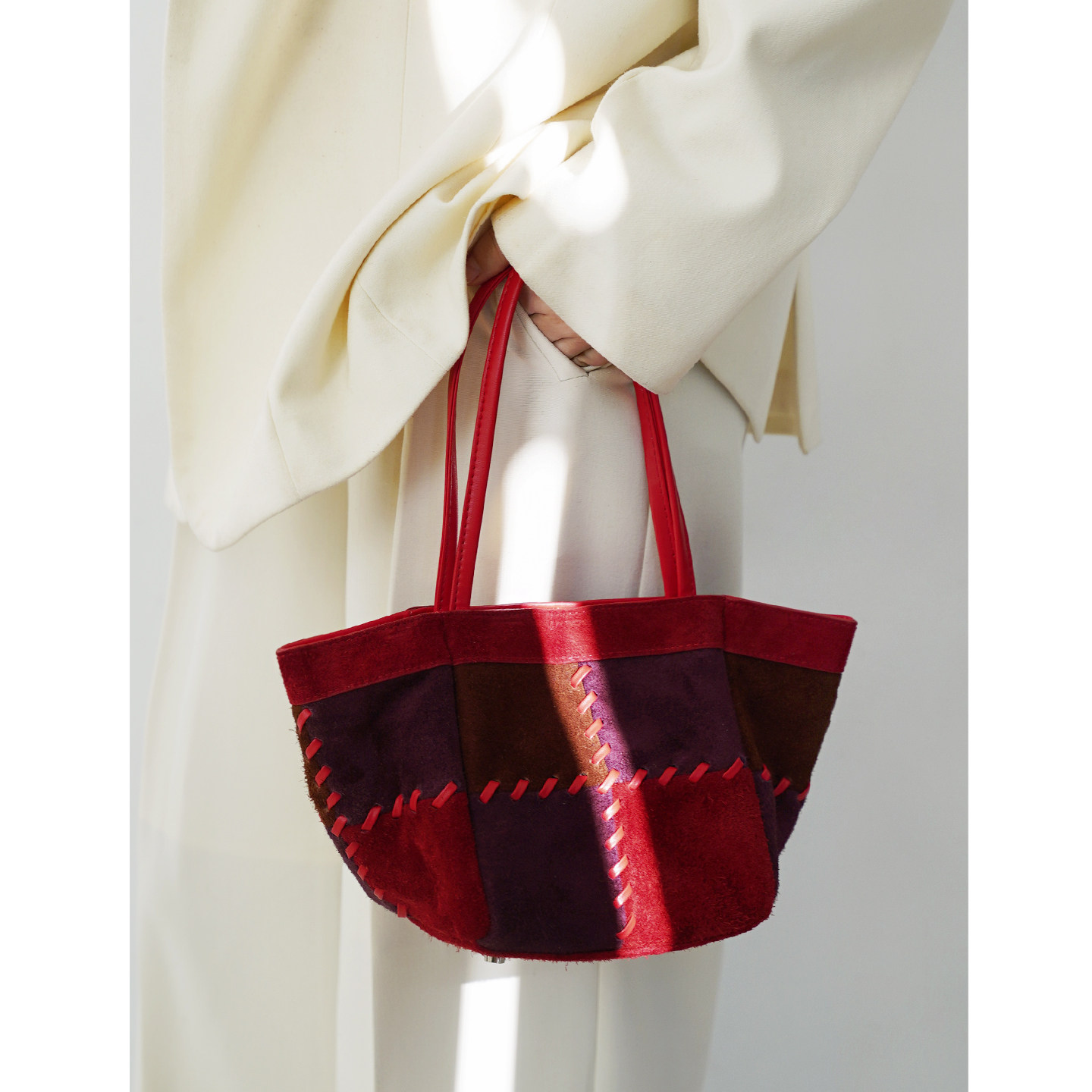 PANLULUPAN小众原创春季新年款女红色磨砂牛皮拼色手提单肩斜挎包,箱包皮具/热销女包/男包,通用款女包,淘宝优惠券,粉丝福利购,淘宝优惠卷