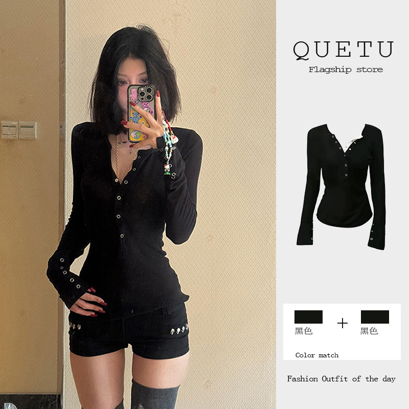 洋气V领长袖T恤女春季2025新款修身显瘦黑色上衣打底衫内搭可外穿