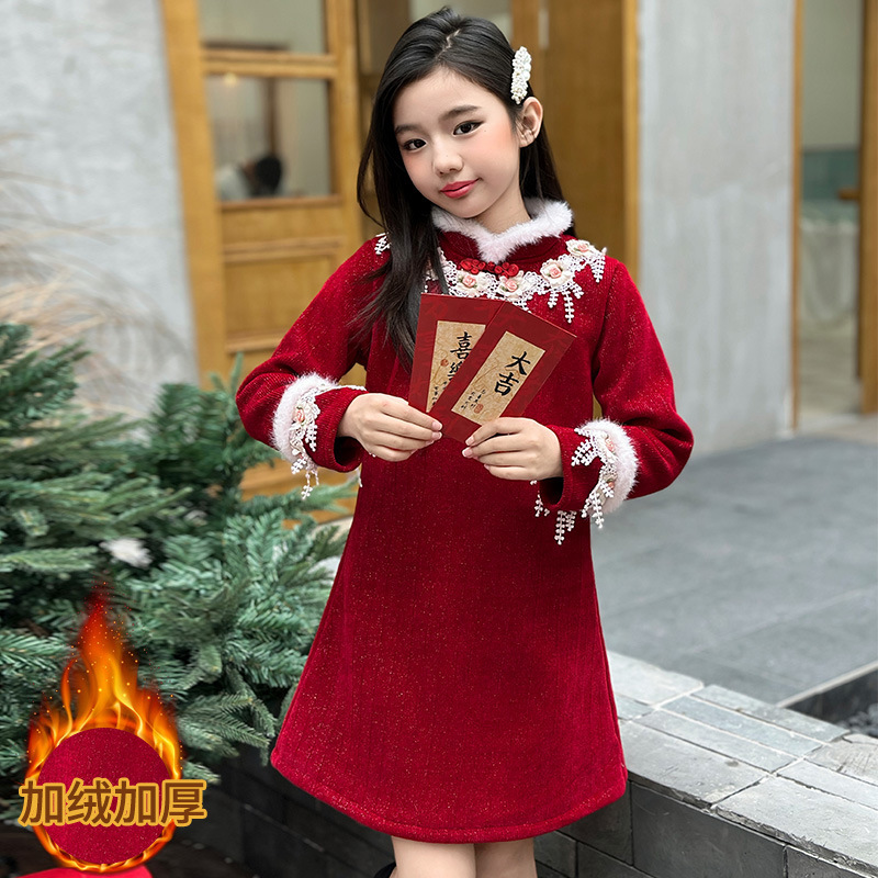 女童秋冬季新款时尚新中式旗袍裙子儿童宝宝中国风新年红色连衣裙