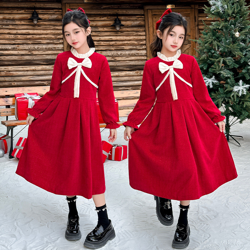 中小学生气质淑女中国风连衣裙女童秋冬季新款红色新年战袍公主裙