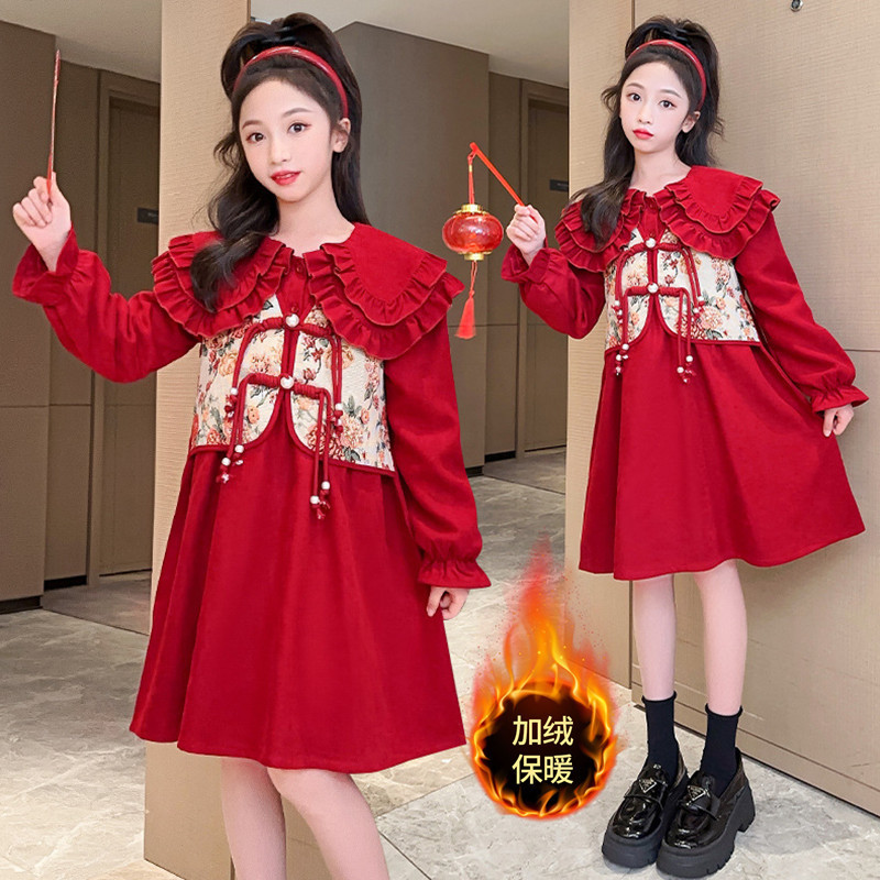 女童连衣裙中国风红色加绒秋冬装儿童洋气新年服女孩假两件公主裙