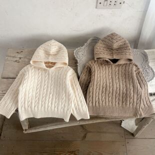 DULAN秋冬新款女童酷帅连帽卡其毛衣校园风男童休闲米白色套头衫