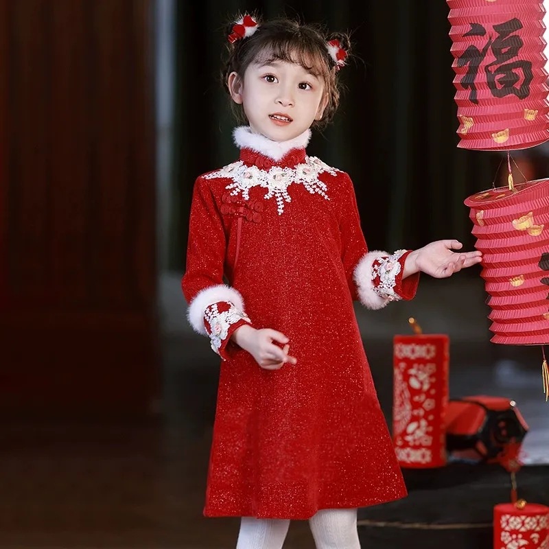 女童红色礼服连衣裙秋冬新款小女孩旗袍裙拜年服新中式儿童公主裙