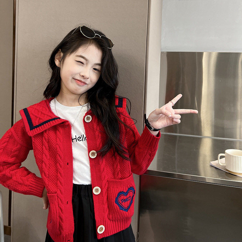 女童毛衣学院风开衫2023新款韩版洋气外套儿童针织衫春秋女孩