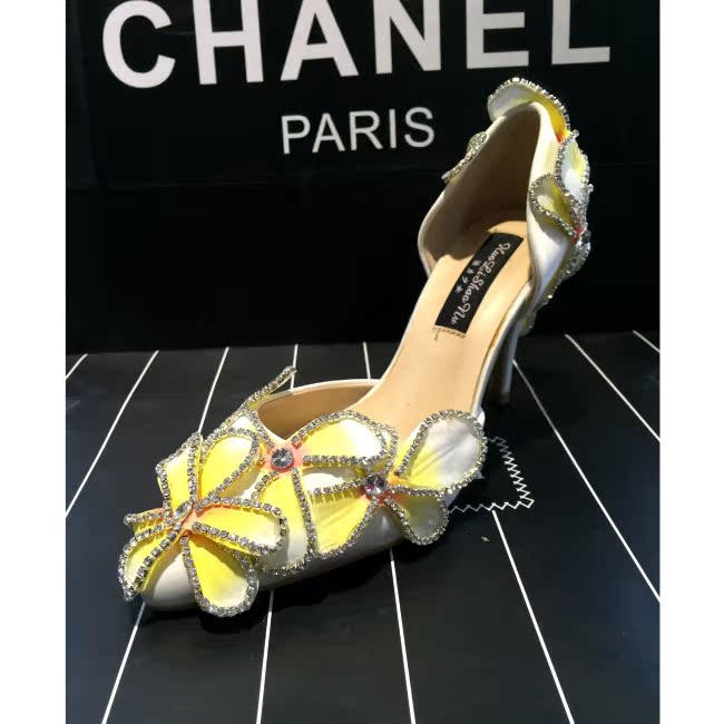 Chaussures de printemps femme en satin pointu paillette, Fleurs, faux diamant - princesse - semelle fond composite - Ref 996588 Image 4