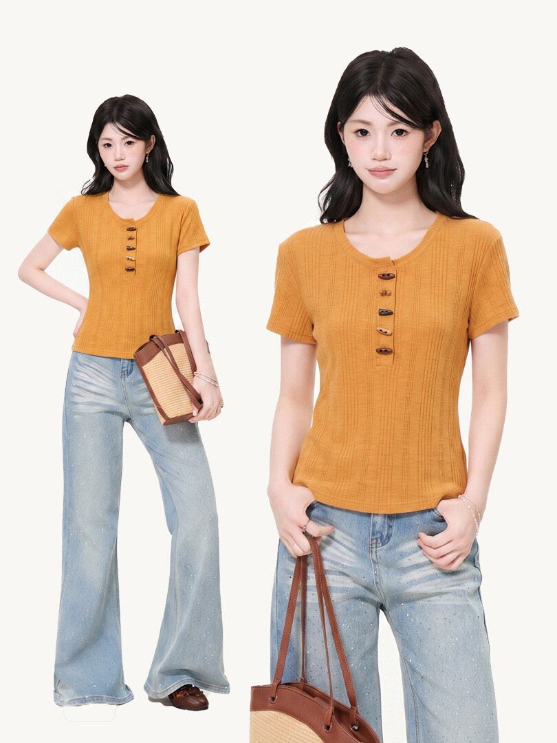 2026夏季新款韩版设计感小众半开领短袖t恤女修身显瘦百搭上衣
