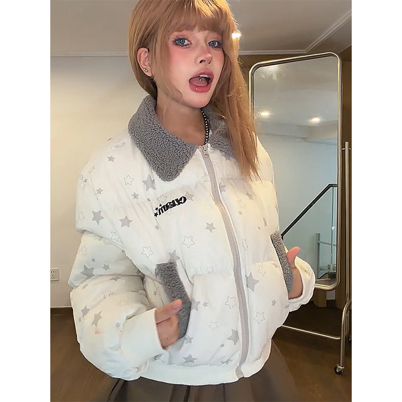 美式复古星星羊羔毛翻领棉服女冬季短款小个子加厚保暖棉衣面包服