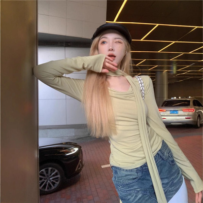 设计感小众荡领针织衫2024秋季新款显瘦时尚挂脖打底衫长袖上衣女