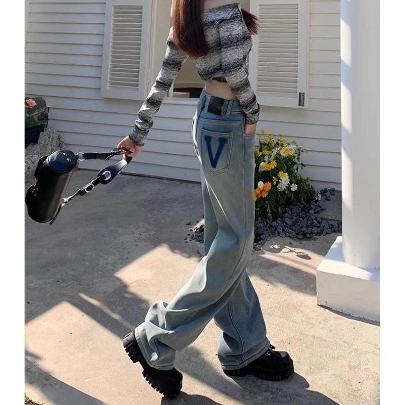 高腰窄版直筒牛仔裤女潮流百搭新款浅色宽松休闲简约大方阔腿裤子