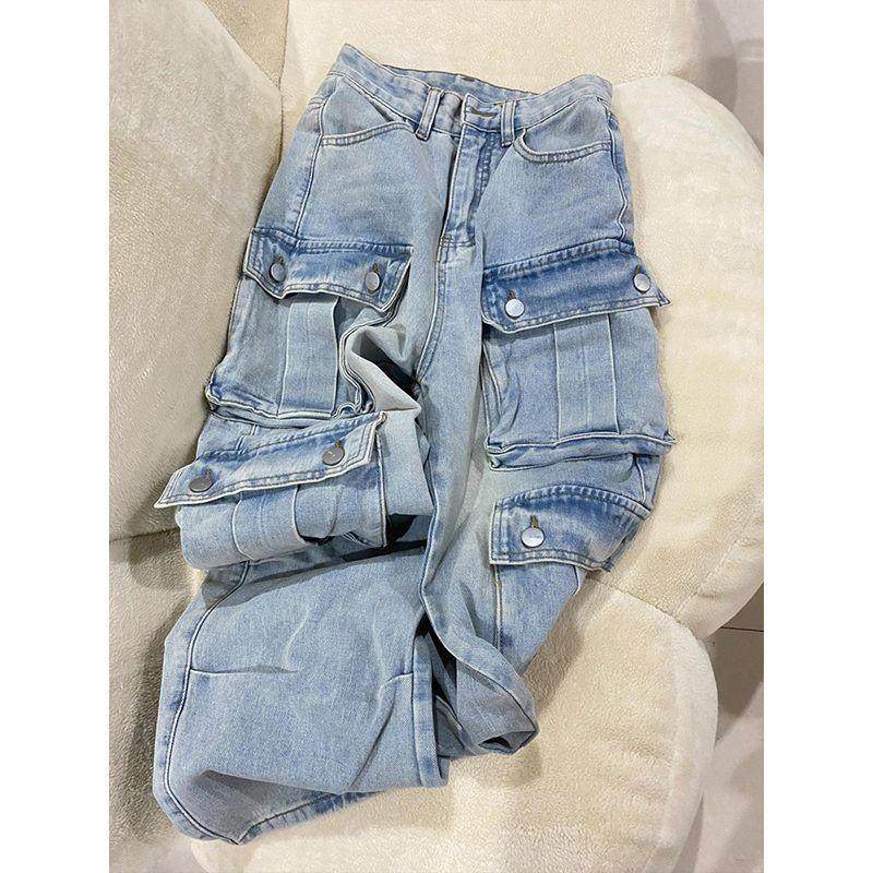 美式高街大口袋工装牛仔裤女秋冬新款高腰宽松显瘦阔腿直简裤子潮,女装/女士精品,牛仔裤,淘宝优惠券,粉丝福利购,淘宝优惠卷