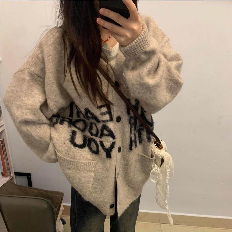 重磅加厚款连帽毛衣外套女春秋宽松慵懒风字母刺绣卫衣灰色针织衫