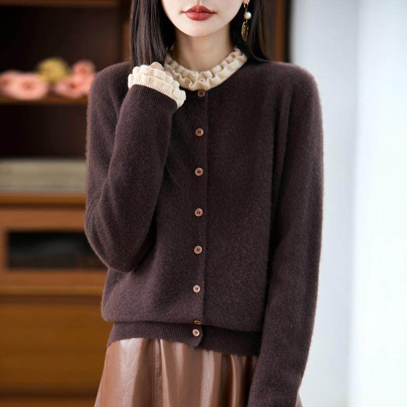纯羊毛衫针织开衫女式圆领外套法式木耳边设计秋冬新款减龄外搭衫,女装/女士精品,羊绒衫,淘宝优惠券,粉丝福利购,淘宝优惠卷