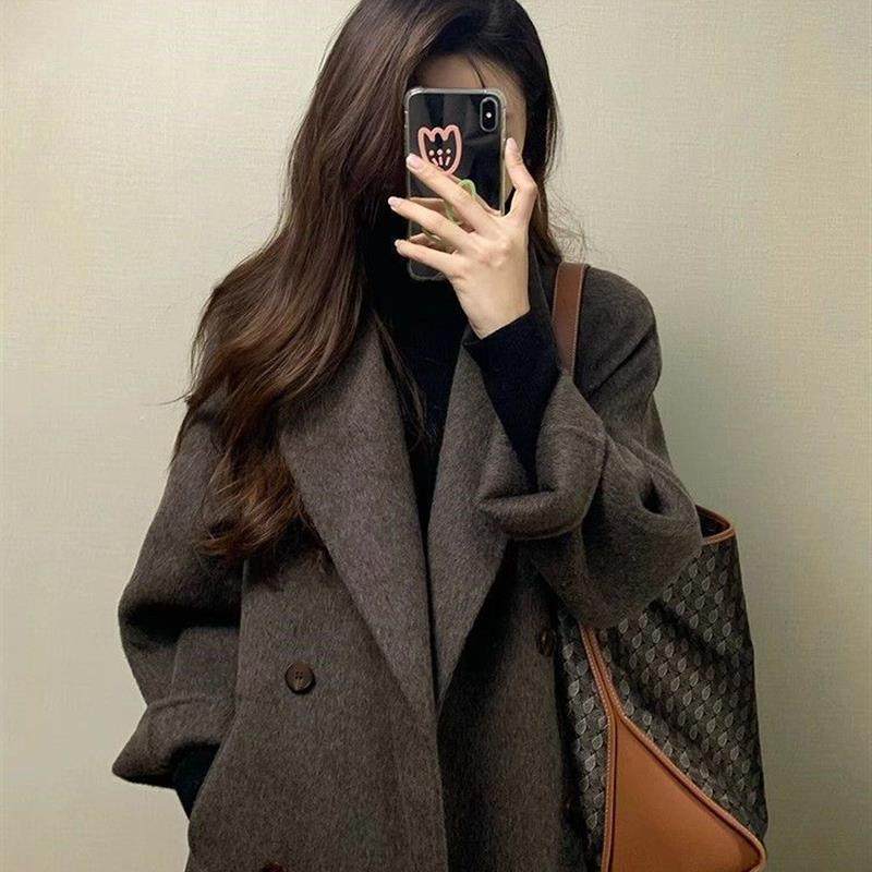 2025新款秋冬韩系西装毛呢子外套中长款美拉德单面羊绒大衣女