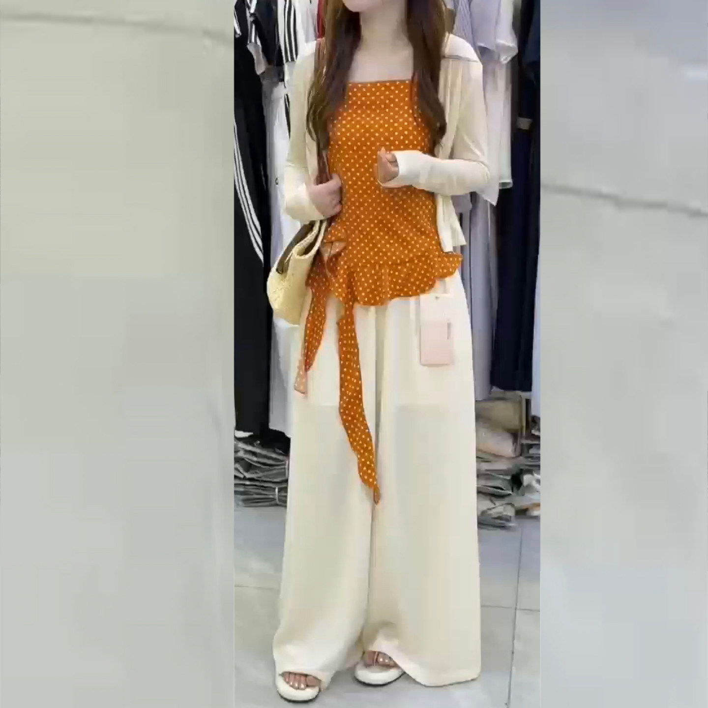 薄开衫吊带阔腿裤三件套女套装