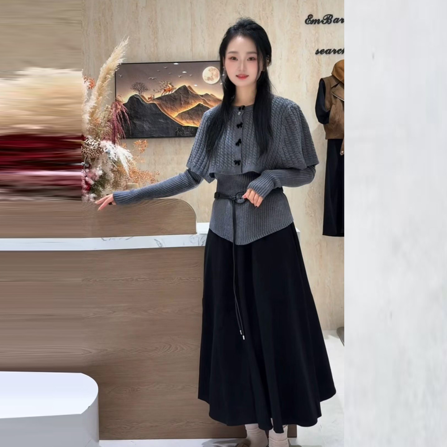 斗篷毛衣半身裙小香风时尚套装女