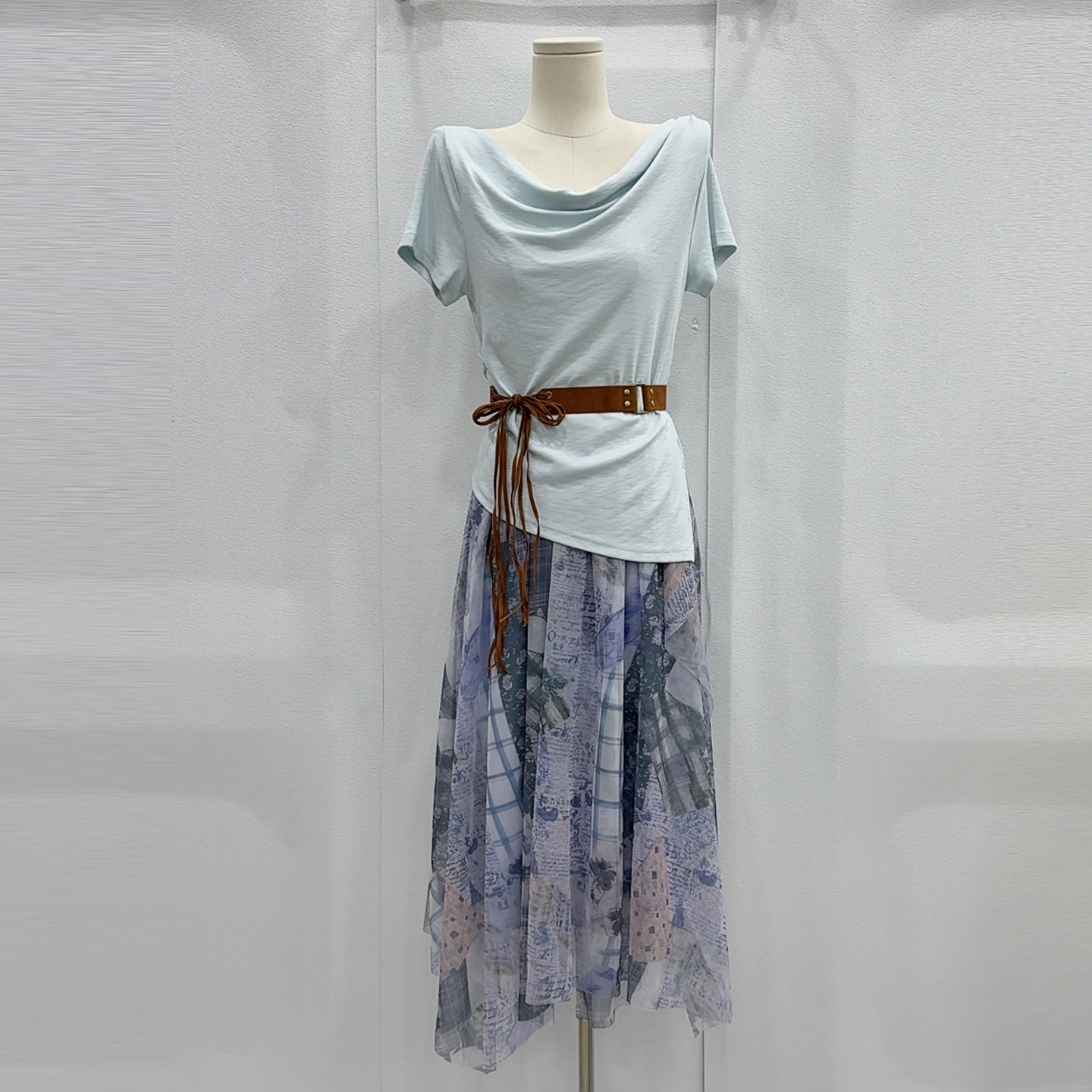 荡领短袖上衣+不规则印花半身裙两件套夏季法式气质显瘦时尚套装