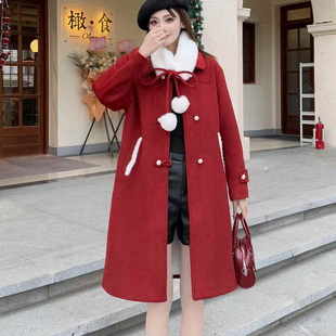 加绒红色呢子大衣女中长款冬时尚加厚保暖流行高级感气质毛呢外套