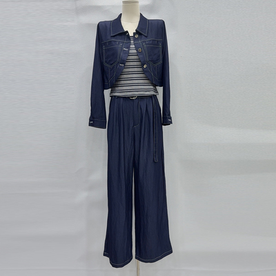 牛仔外套条纹背心阔腿裤三件套女