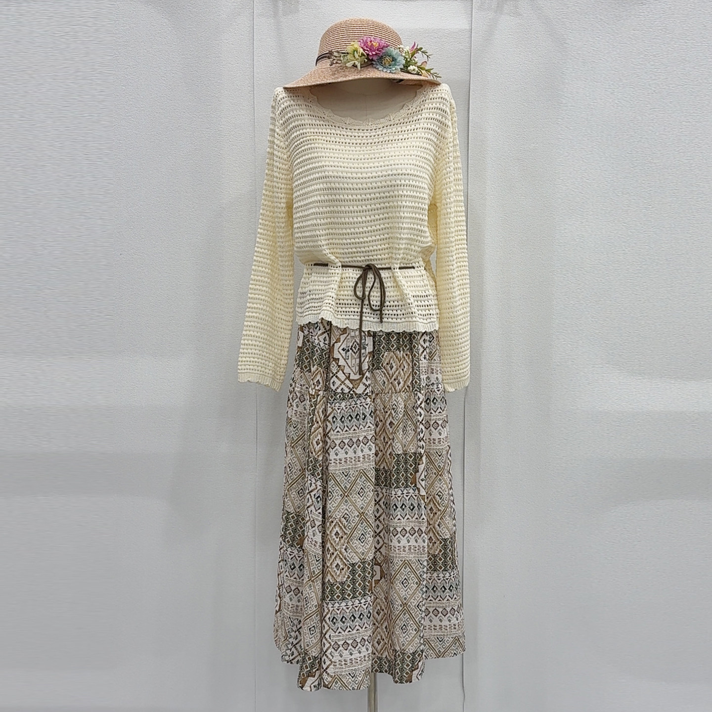 镂空针织罩衫+吊带+印花半身裙三件套女春气质小清新穿搭时尚套装