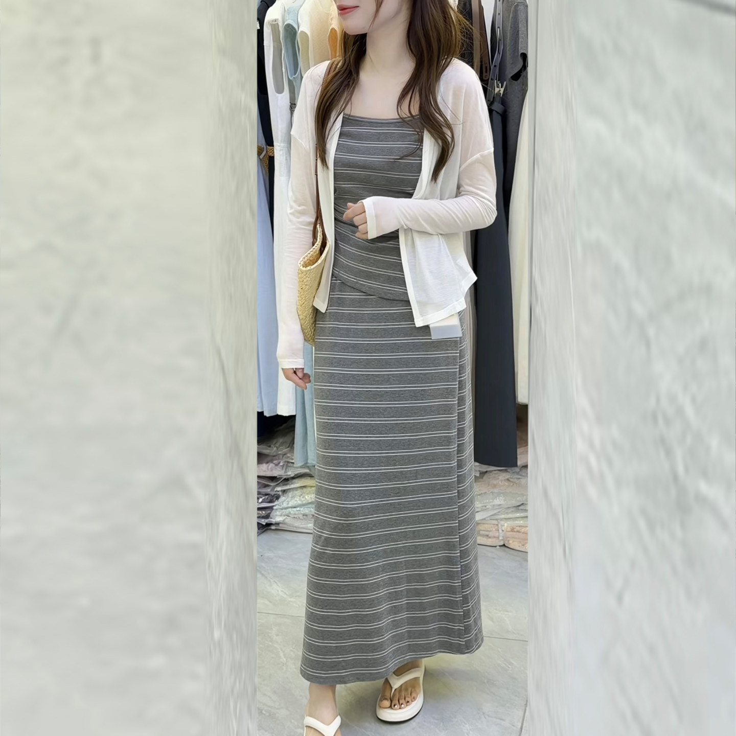 防晒开衫+吊带+半身长裙三件套女夏韩系运动休闲显瘦时尚条纹套装