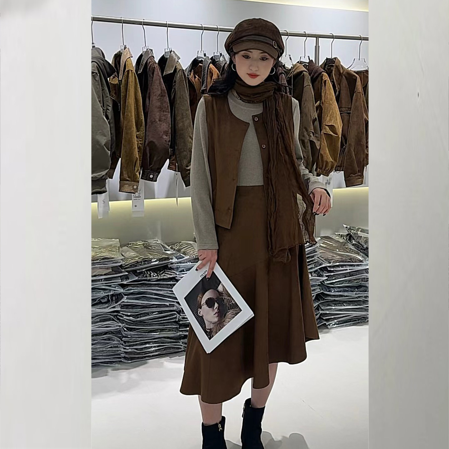 法式马甲打底衫半身裙三件套装女