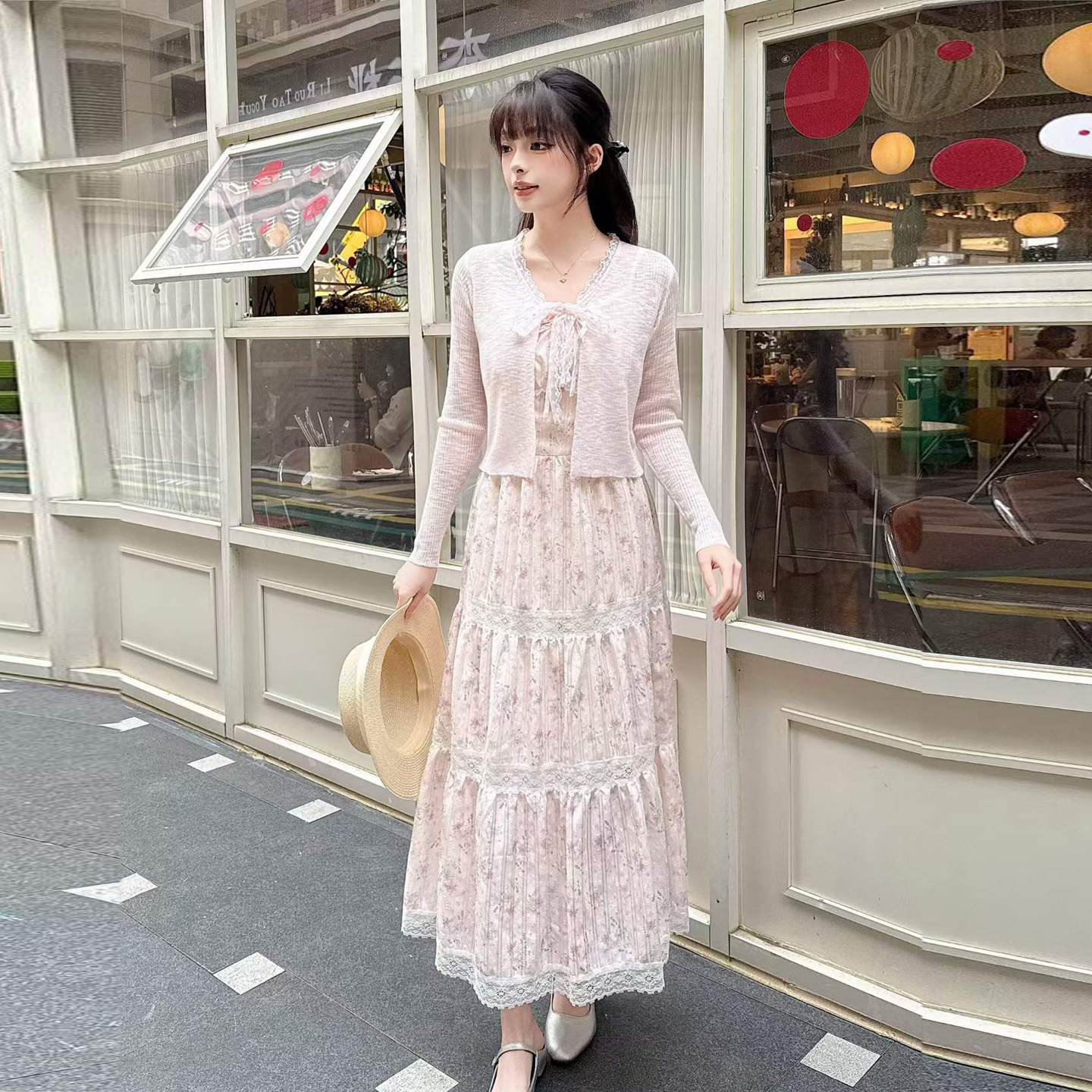 针织外披+碎花吊带连衣裙两件套女夏季显瘦温柔风小清新时尚套装