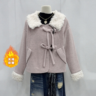 小香风夹棉毛呢外套女短款冬时尚减龄设计感小个子牛角扣呢子大衣