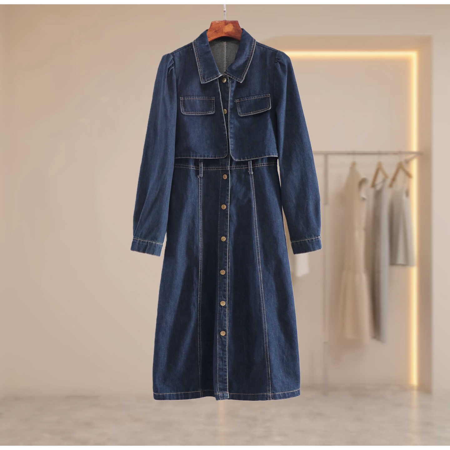 高腰牛仔连衣裙女长袖收腰显瘦