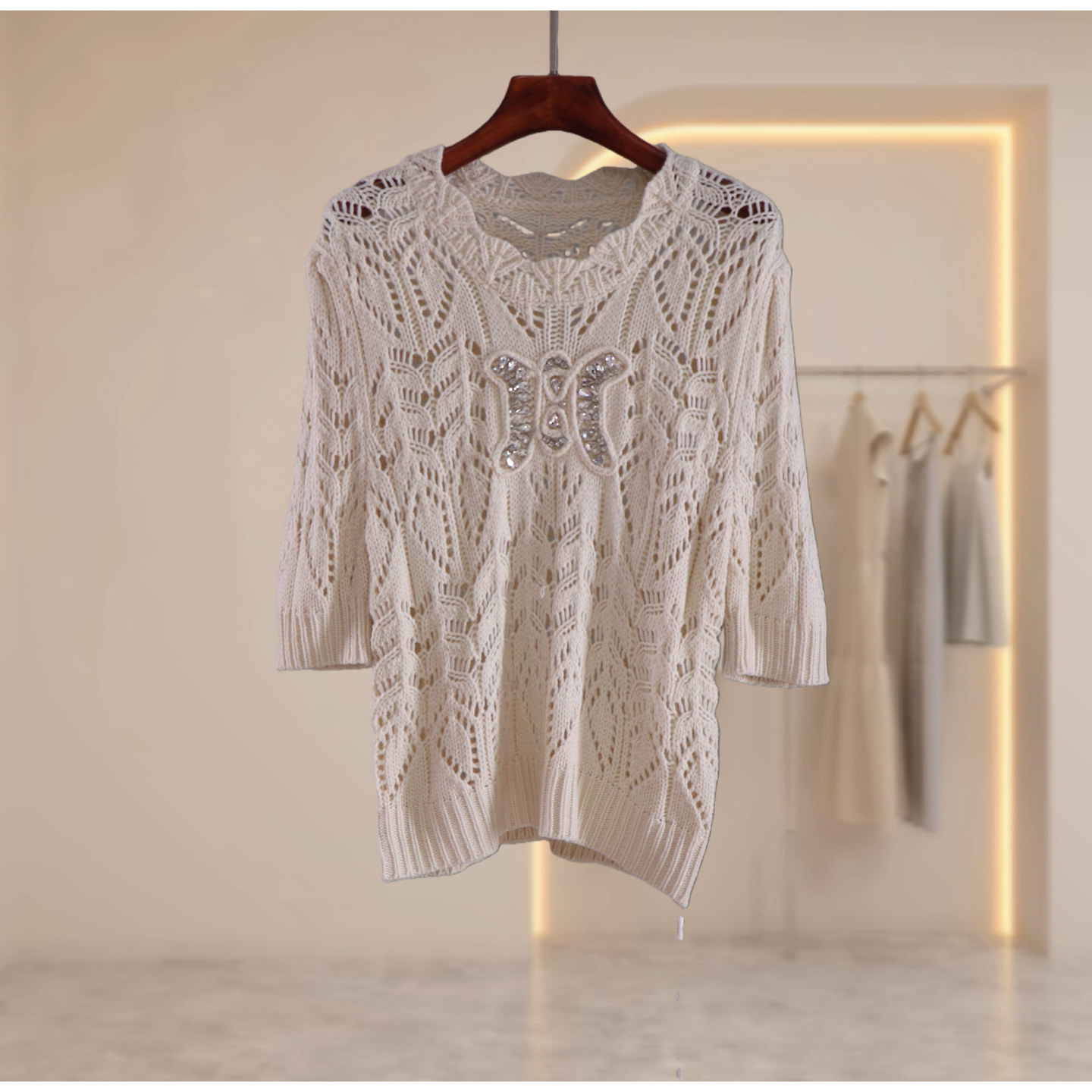 镂空亮片钉珠针织衫女中袖套头