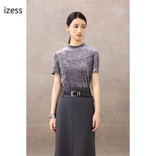 T恤女短款 短袖 丝绒上衣 细腻绒感 izess爱泽时尚 不退换 国内代购