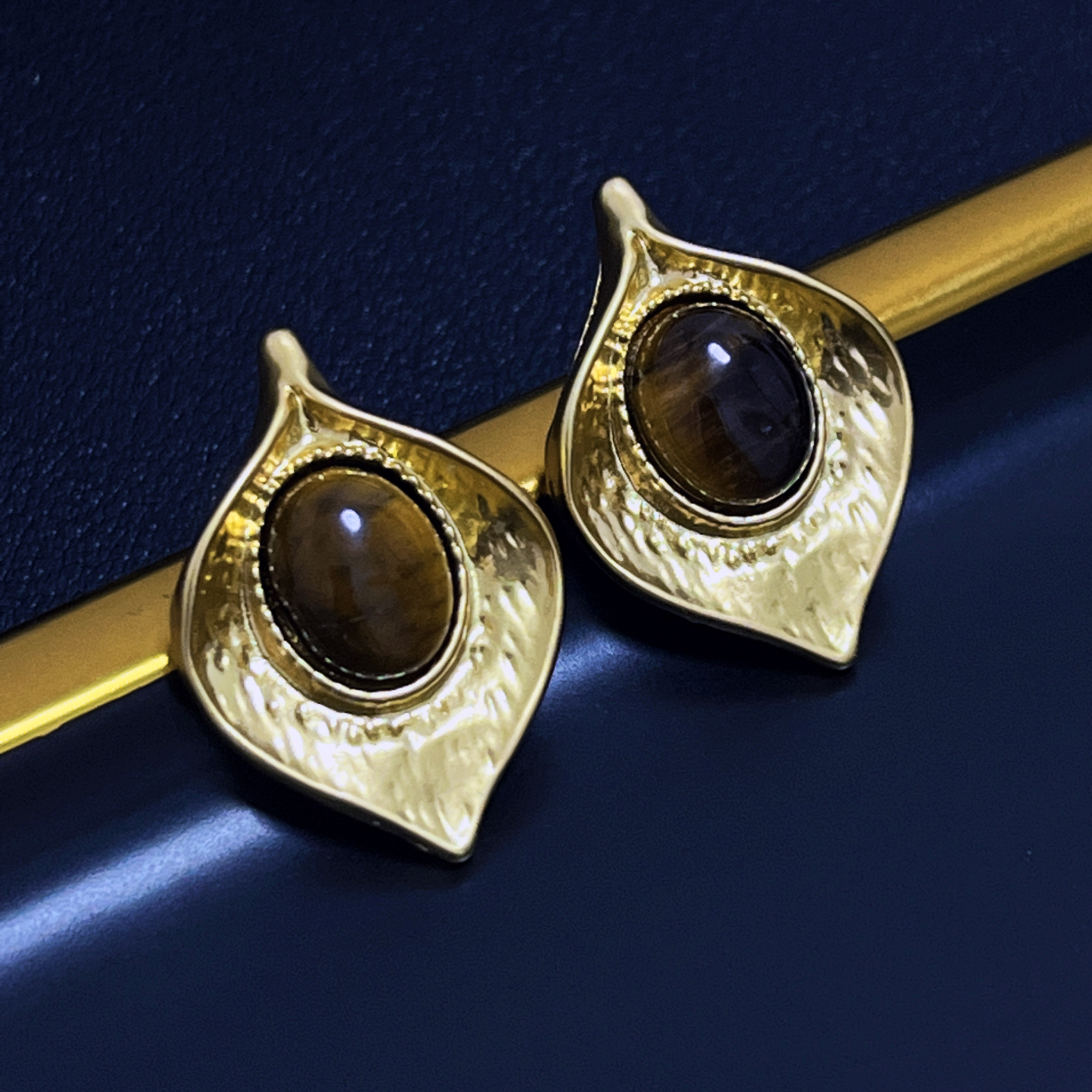 美拉德风虎眼石树叶小众设计师耳钉女文艺复古时尚高级感耳饰