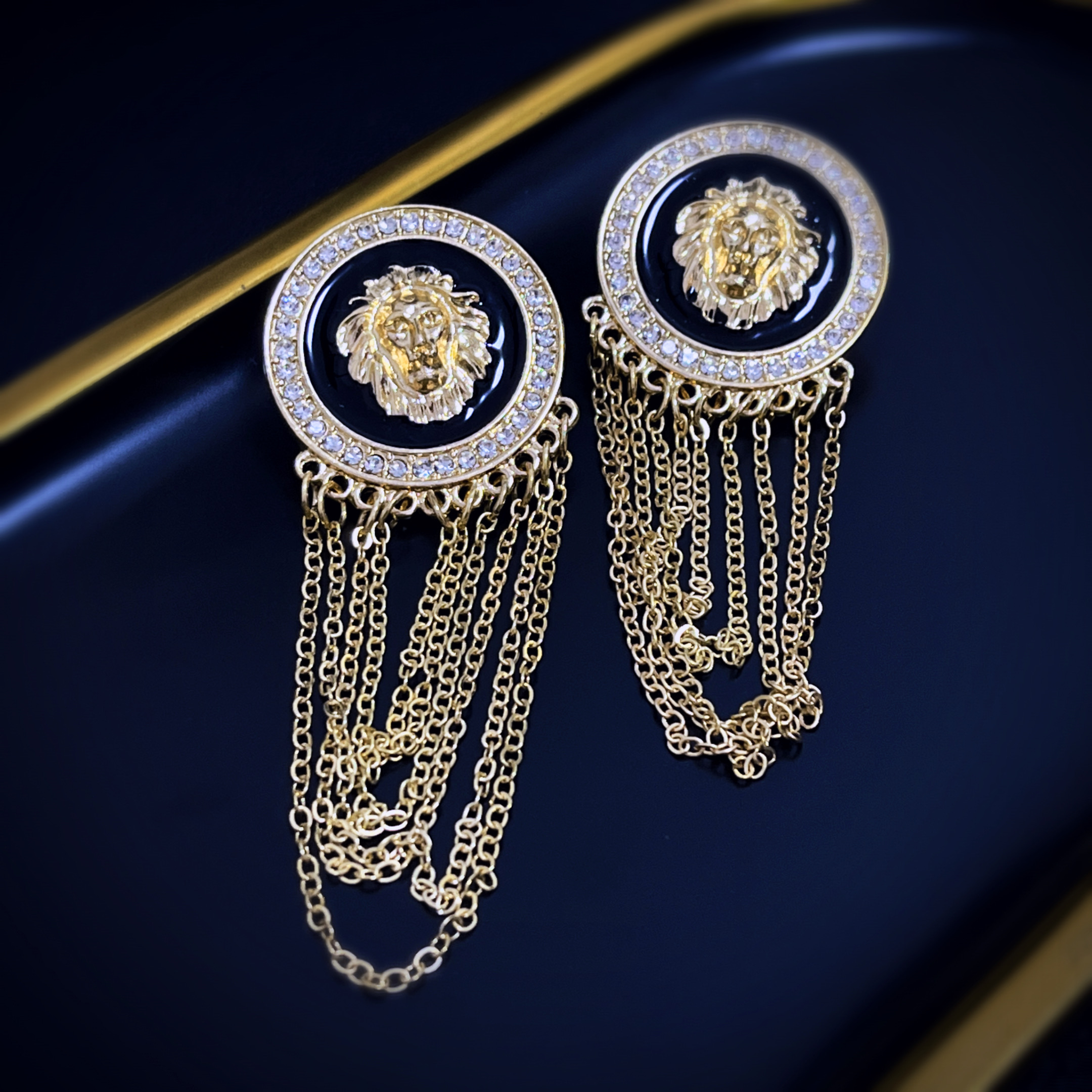 欧美跨境镶钻滴釉狮子头长款流苏耳钉夸张复古时尚气质耳环耳饰品