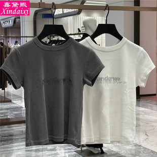 鑫黛熙25新款女装小板型修身烫钻字母短袖T恤女纯棉圆领纯色上衣