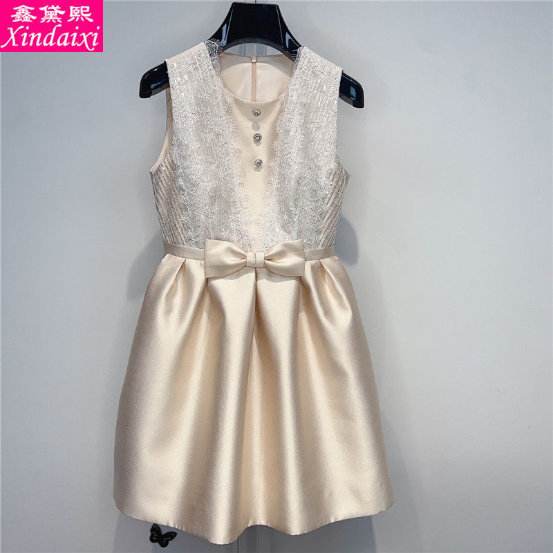 鑫黛熙25秋冬新款女装蕾丝拼接连衣裙无袖蝴蝶结收腰气质女中长裙