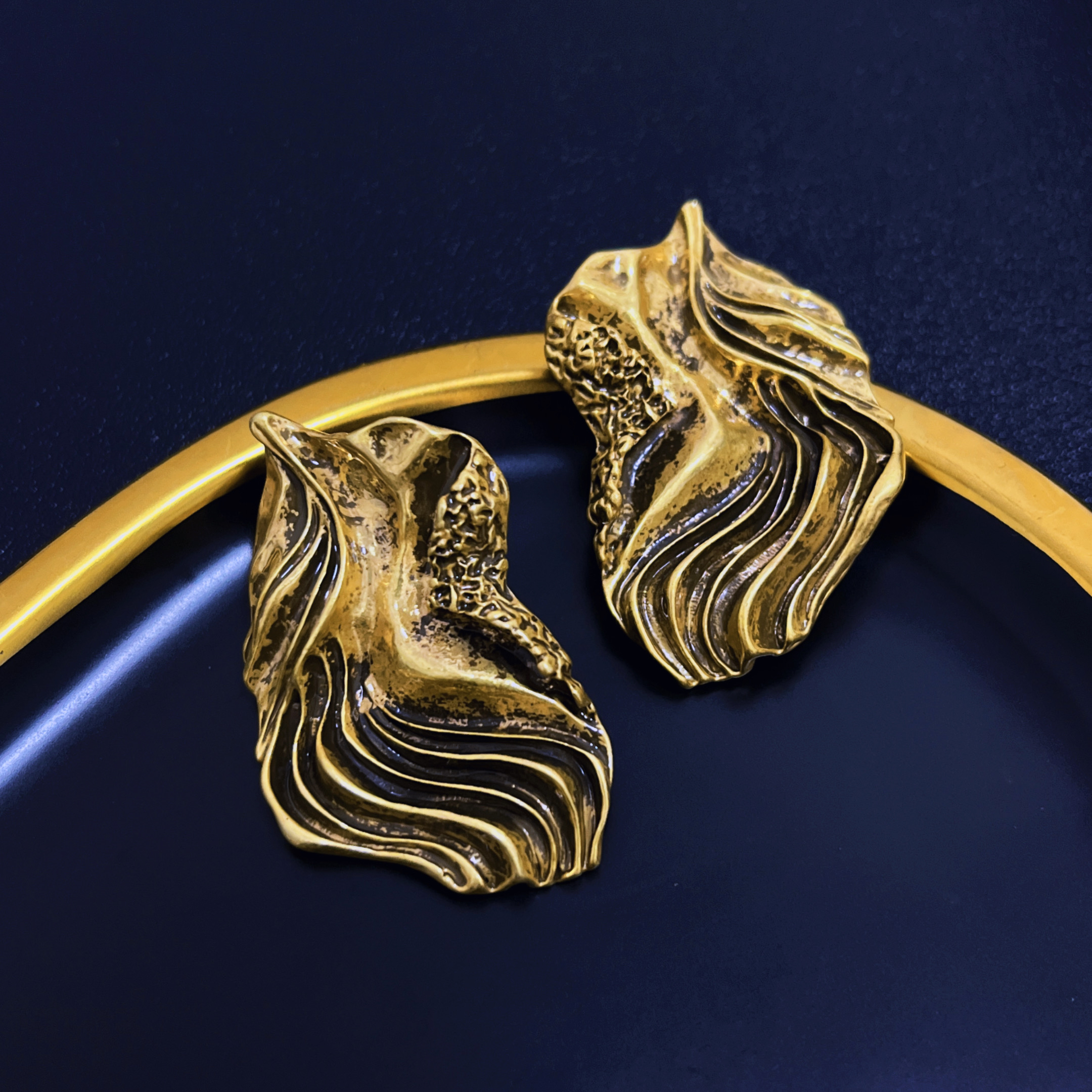 中古vintage俄金复古立体金属大花朵耳环夸张花卉耳饰高级感耳环