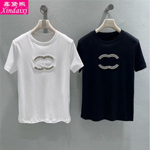 鑫黛熙26夏季新款女士钉珠水钻短袖T恤修身小板型纯棉打底衫上衣